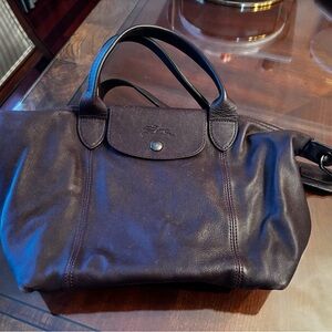 LONGCHAMP Le Pliage Leather Handbag Burgundy USED